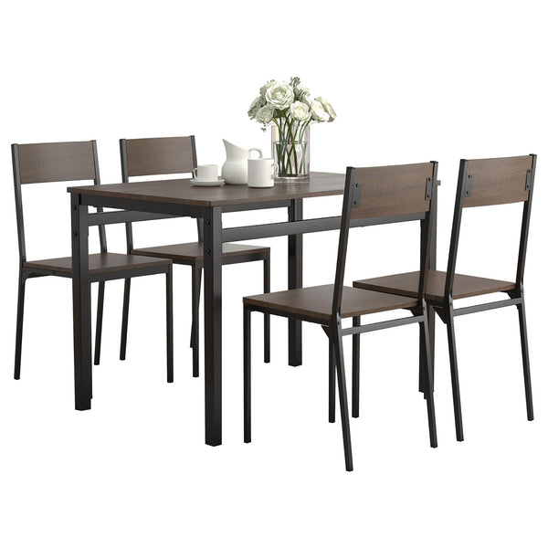 English Elm Dark Brown 5-Piece Dining Set with Matte Black Accents — Compact Transitional Table & 4 Chairs, Durable Metal PVC Finish, Space-Saving Design For Stylish Small Dining Rooms B062P153838