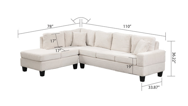 English Elm Modern Corduroy Sectional Sofa with Storage Ottoman, Drop-Down Tray, Plush Pillows, Wood Frame Elegance Cream B009S01291