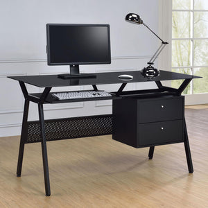 English Elm Black Modern 2-Drawer Computer Desk with Keyboard Tray, Glass Accent, Metal Frame, Spacious 55" Worksurface B062P153857