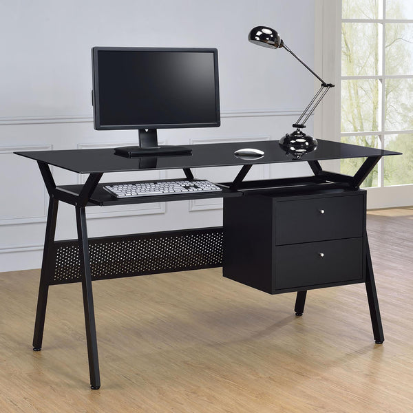 English Elm Black Modern 2-Drawer Computer Desk with Keyboard Tray, Glass Accent, Metal Frame, Spacious 55" Worksurface B062P153857