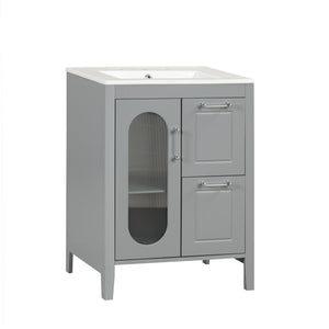 English Elm 24" Bathroom Vanity with Sink Solid Wood & Ceramic Top, Modern Freestanding Cabinet with Drawers Grey N725P351849E