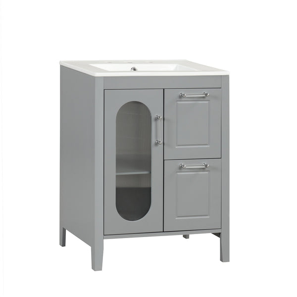 English Elm 24" Modern Bathroom Vanity with Ceramic Sink, Solid Wood & MDF Cabinet, Two Drawers, Shelf Grey N725P245273E