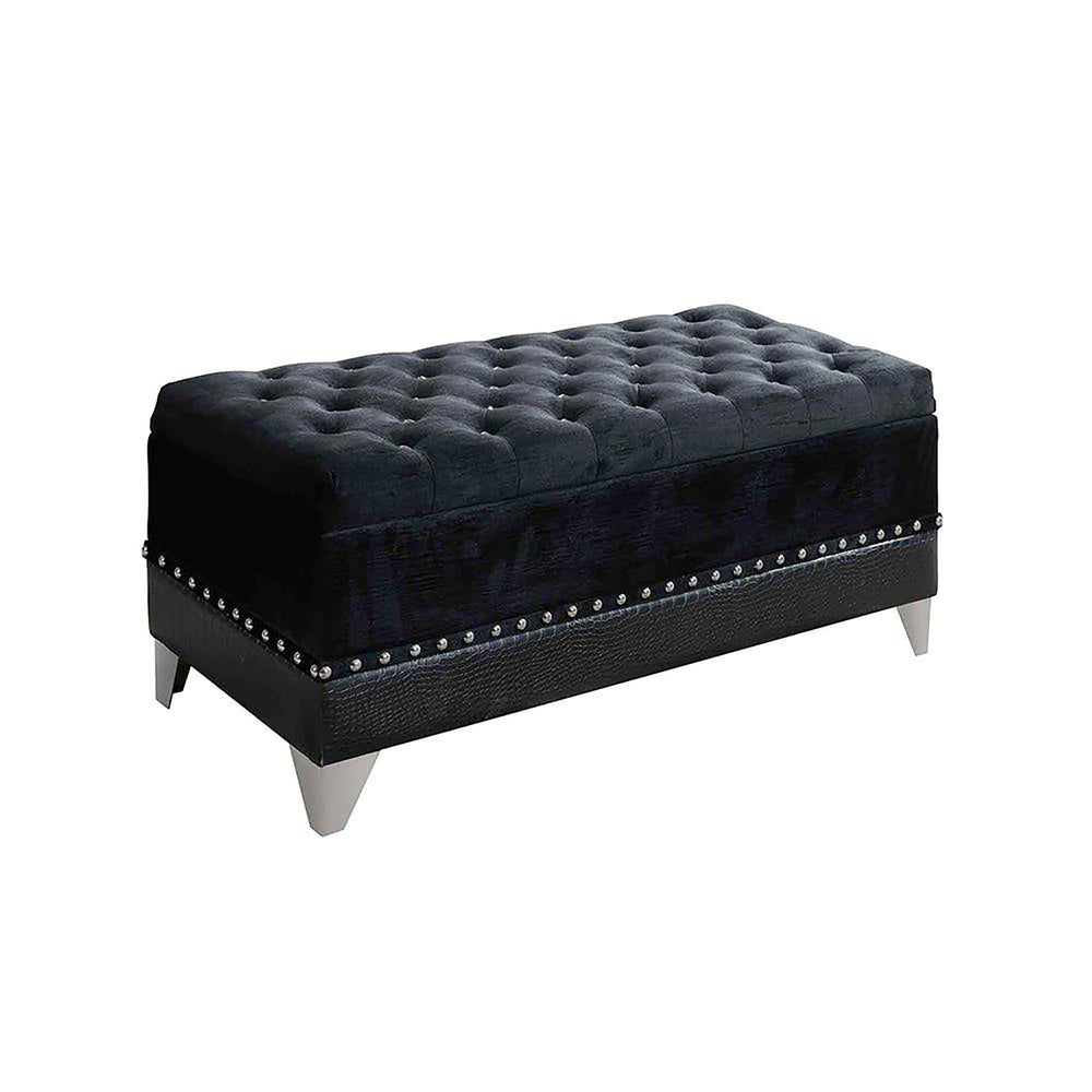English Elm Black Tufted Trunk Velvet Storage Bench with Nailhead Trim, Mirrored Legs & Spacious Interior Glam B062P153844