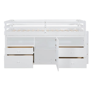 English Elm Twin Loft Bed with 4 Drawers Open Shelving and Cabinet for Kids Bedroom Storage White LT000762AAK