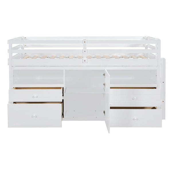 English Elm Twin Loft Bed with 4 Drawers Open Shelving and Cabinet for Kids Bedroom Storage White LT000762AAK