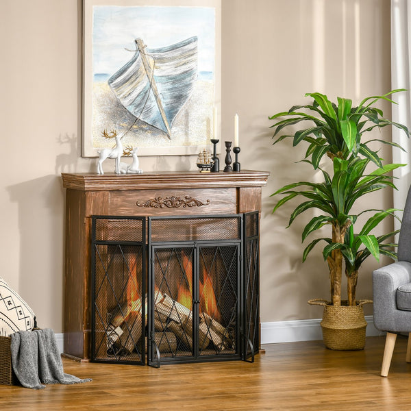 English Elm 3-Panel Folding Fireplace Screen with Double Doors — Heavy-Duty Steel Spark Guard 47.25"x31" Black W2225P155588