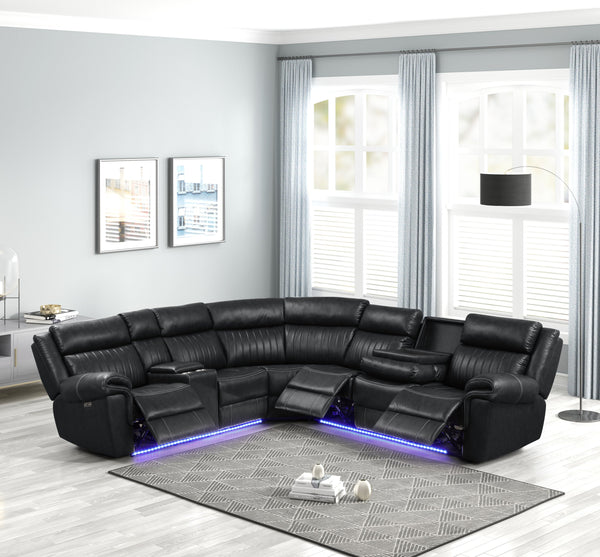 English Elm Modern Aviator Recliner Sectional Sofa with Bluetooth Speakers, Touchpad Control, Wireless Charging and LED Ambience Black B009S01292