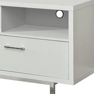 English Elm White Modern 60" TV Console with 2 Drawers & 3 Open Cubby Shelves, Chrome Legs, Sleek Storage Elegance B062P153846