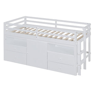 English Elm Twin Loft Bed with 4 Drawers Open Shelving and Cabinet for Kids Bedroom Storage White LT000762AAK