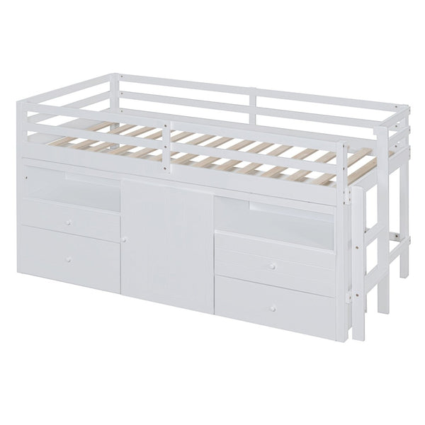 English Elm Twin Loft Bed with 4 Drawers Open Shelving and Cabinet for Kids Bedroom Storage White LT000762AAK