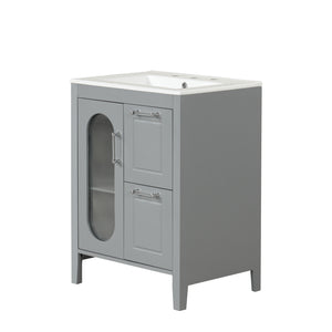English Elm 24" Modern Bathroom Vanity with Ceramic Sink, Solid Wood & MDF Cabinet, Two Drawers, Shelf Grey N725P245273E