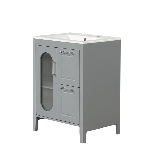 English Elm 24" Modern Bathroom Vanity with Ceramic Sink, Solid Wood & MDF Cabinet, Two Drawers, Shelf Grey N725P245273E