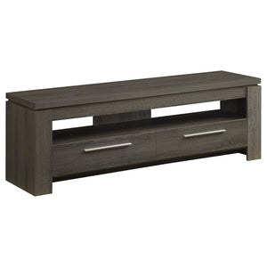 English Elm Weathered rustic 59" TV console with 2 drawers, open shelf & silver handles for organized livingroom storage B062P153850