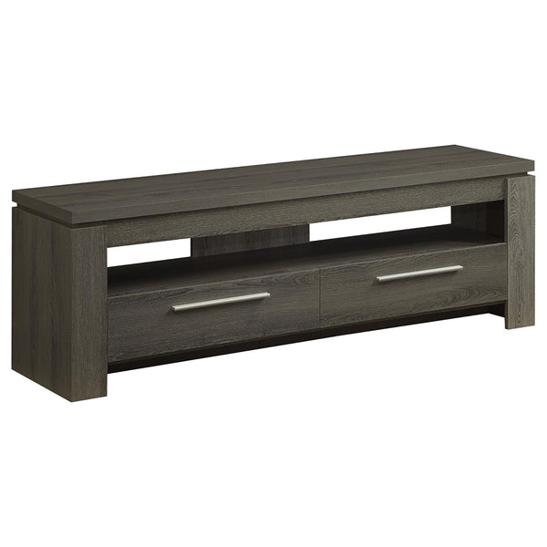 English Elm Weathered rustic 59" TV console with 2 drawers, open shelf & silver handles for organized livingroom storage B062P153850