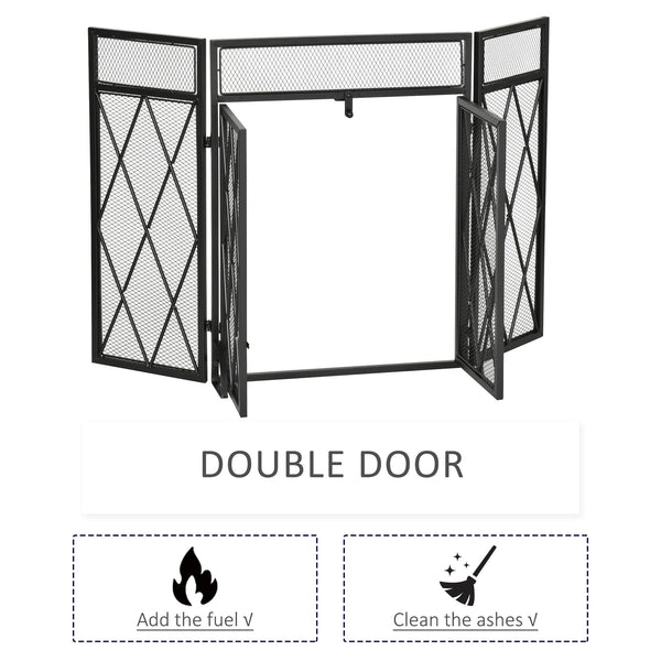 English Elm 3-Panel Folding Fireplace Screen with Double Doors — Heavy-Duty Steel Spark Guard 47.25"x31" Black W2225P155588