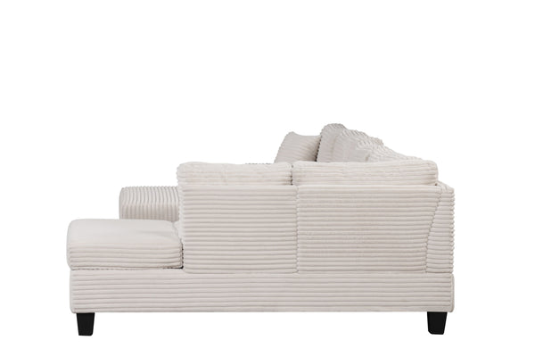 English Elm Modern Corduroy Sectional Sofa with Storage Ottoman, Drop-Down Tray, Plush Pillows, Wood Frame Elegance Cream B009S01291