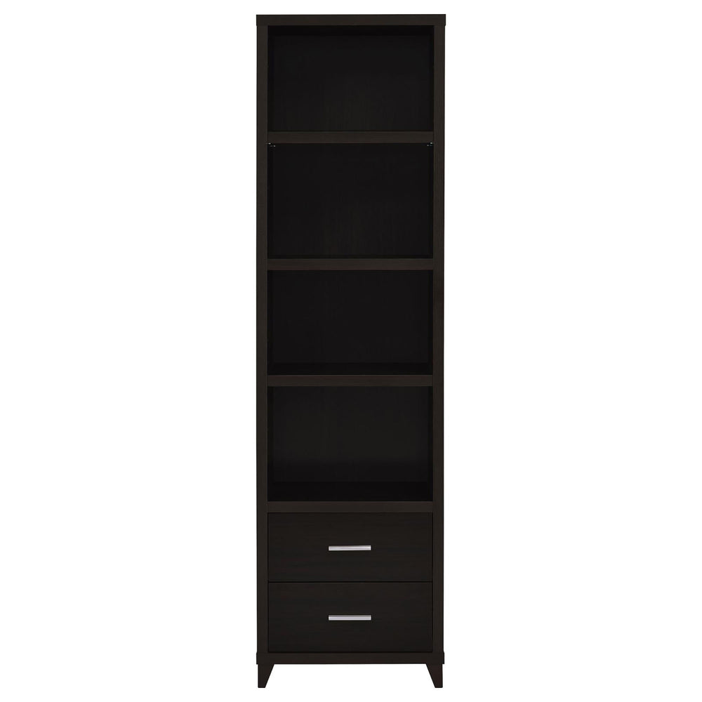 English Elm Cappuccino Modern Media Tower with 4 Open Shelves, 2 Drawers & Silver Pulls — Tall 76" Storage Unit B062P153829