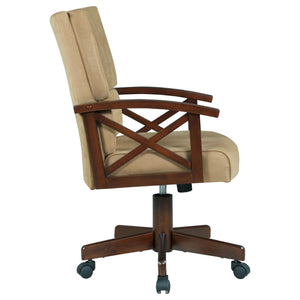 English Elm Tan Upholstered Game Chair with Casters, Tobacco Hardwood Frame, Seamed Fabric Comfort, Mobile Elegance B062P153808