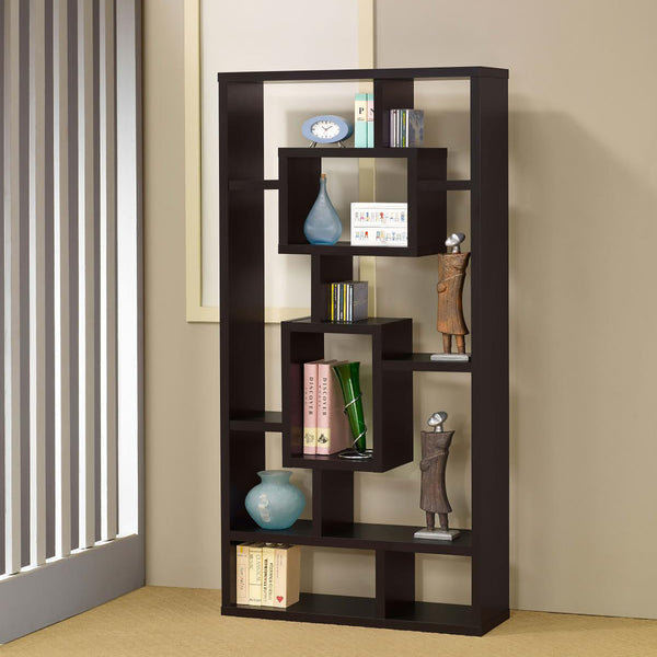 English Elm Cappuccino Geometric 10-Shelf Open Back Bookcase — White, Cappuccino & Grey Finish, Modern Display Organizer B062P153823