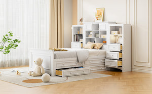 English Elm Twin Platform Bed with Vertical Storage Cabinet and 8 Under Drawer White Wood Frame LP000761AAK-2