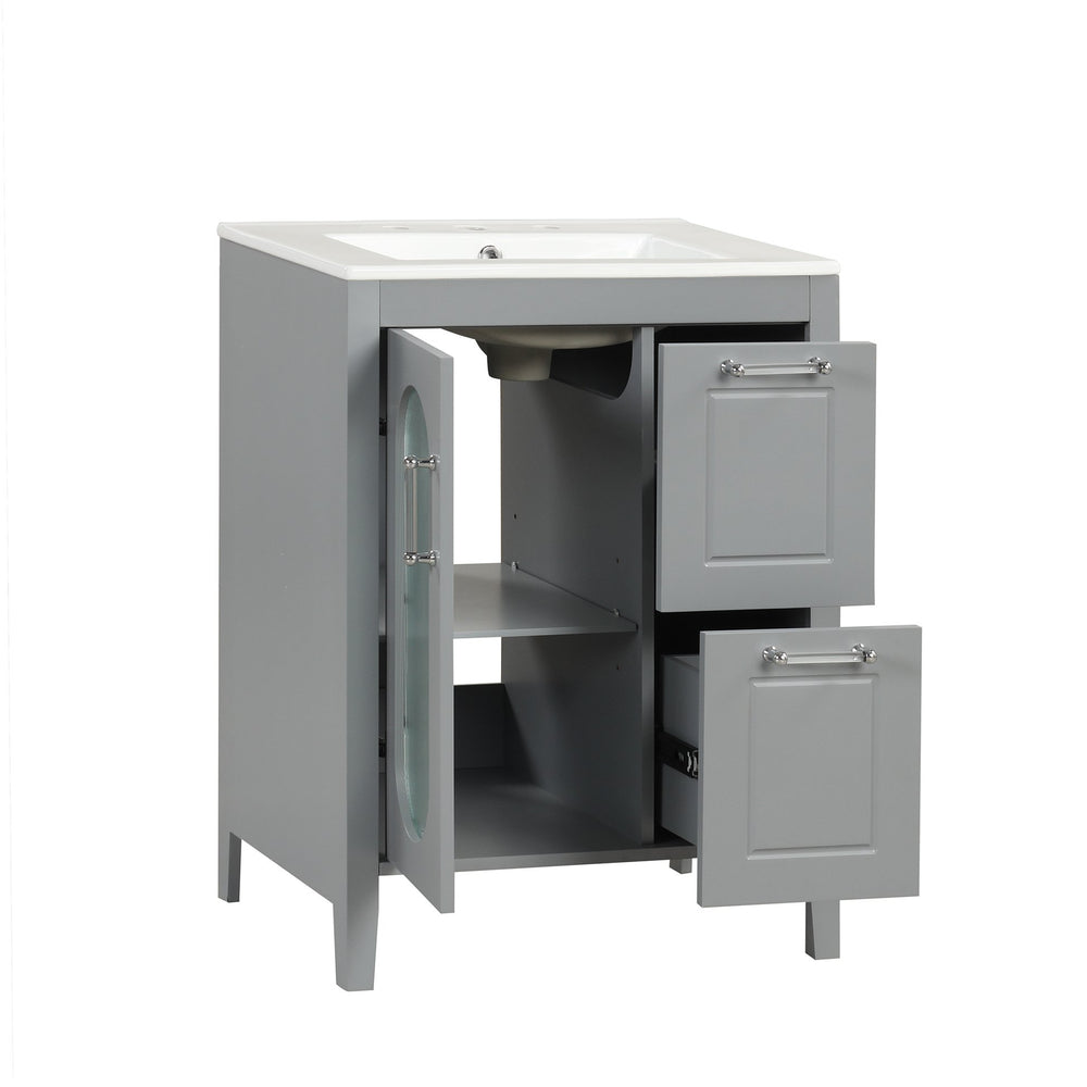 English Elm 24" Bathroom Vanity with Sink Solid Wood & Ceramic Top, Modern Freestanding Cabinet with Drawers Black N725P351849B