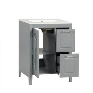 English Elm 24" Modern Bathroom Vanity with Ceramic Sink, Solid Wood & MDF Cabinet, Two Drawers, Shelf Grey N725P245273E
