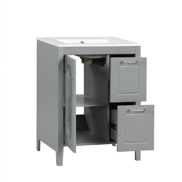 English Elm 24" Modern Bathroom Vanity with Ceramic Sink, Solid Wood & MDF Cabinet, Two Drawers, Shelf Grey N725P245273E