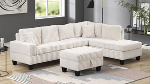 English Elm Modern Corduroy Sectional Sofa with Storage Ottoman, Drop-Down Tray, Plush Pillows, Wood Frame Elegance Cream B009S01291