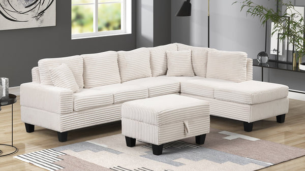 English Elm Modern Corduroy Sectional Sofa with Storage Ottoman, Drop-Down Tray, Plush Pillows, Wood Frame Elegance Cream B009S01291