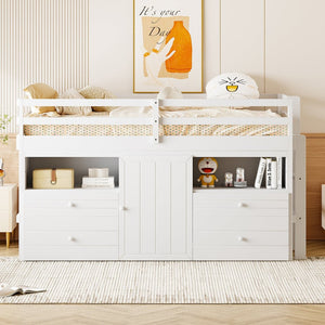 English Elm Twin Loft Bed with 4 Drawers Open Shelving and Cabinet for Kids Bedroom Storage White LT000762AAK