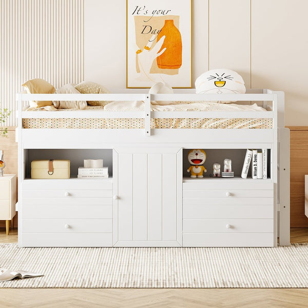 English Elm Twin Loft Bed with 4 Drawers Open Shelving and Cabinet for Kids Bedroom Storage White LT000762AAK