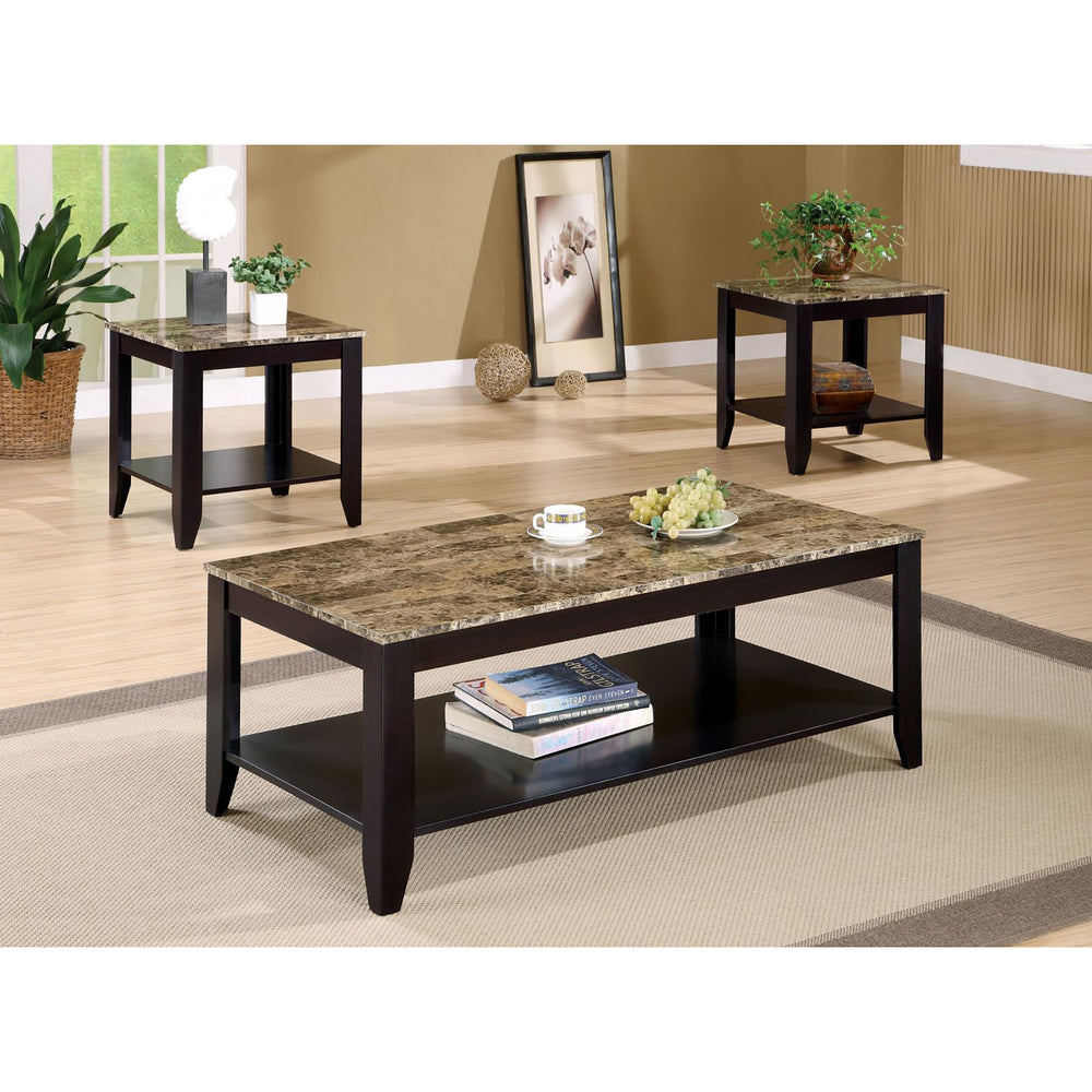 English Elm Cappuccino Faux Marble 3-Piece Occasional Table Set with Open Shelves, Transitional Coffee & End Tables elegant B062P153834