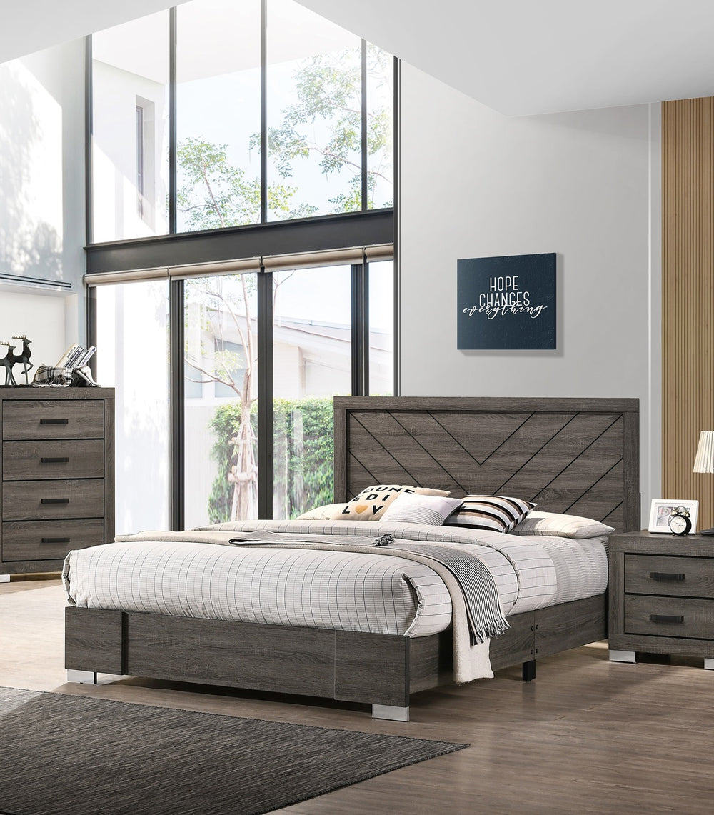 English Elm Contemporary Chic Grey Finish Queen Bed with Sculpted Headboard, Modern Designer Frame for Stylish Bedrooms Gray 35 L x 7 W x 67 H B011P155467
