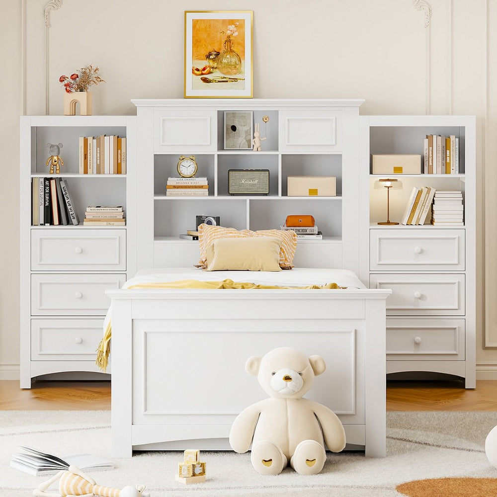 English Elm Twin Platform Bed with Vertical Storage Cabinet and 8 Under Drawer White Wood Frame LP000761AAK-2
