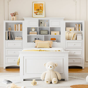 English Elm Twin Platform Bed with Vertical Storage Cabinet and 8 Under Drawer White Wood Frame LP000761AAK-2