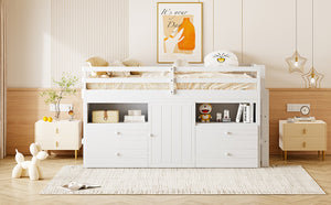 English Elm Twin Loft Bed with 4 Drawers Open Shelving and Cabinet for Kids Bedroom Storage White LT000762AAK