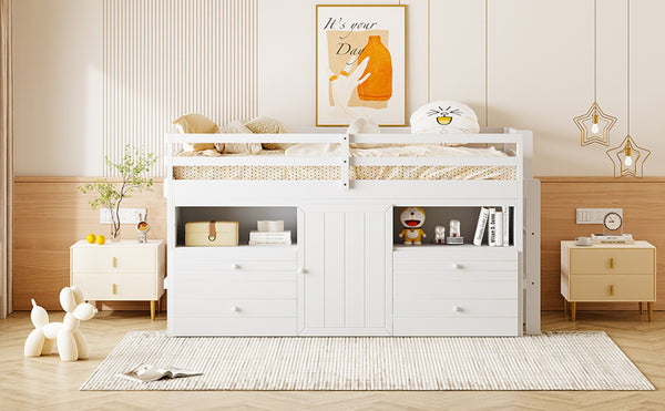 English Elm Twin Loft Bed with 4 Drawers Open Shelving and Cabinet for Kids Bedroom Storage White LT000762AAK