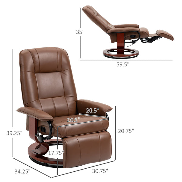English Elm Faux PU Leather Recliner Chair with Swivel Wood Base, Manual 145° Recline and Padded Footrest Brown W2225P155584