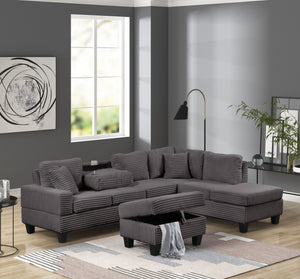 English Elm Modern Corduroy Sectional Sofa with Storage Ottoman, Drop-Down Tray, Plush Pillows, Wood Frame Elegance Gray B009S01290