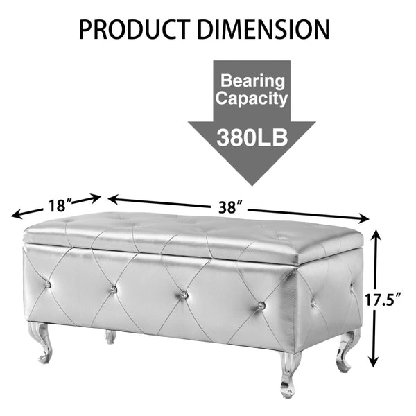English Elm Upholstered Glam Storage Bench Faux Leather Crystal Tufted Lift Top Bedroom Seat W2268P146696