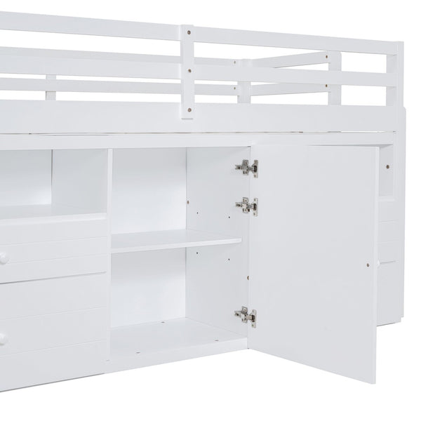English Elm Twin Loft Bed with 4 Drawers Open Shelving and Cabinet for Kids Bedroom Storage White LT000762AAK