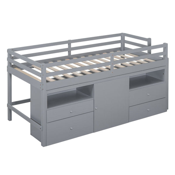 English Elm Twin Loft Bed with 4 Drawers Open Shelving and Cabinet for Kids Bedroom Storage Gray LT000762AAE