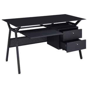 English Elm Black Modern 2-Drawer Computer Desk with Keyboard Tray, Glass Accent, Metal Frame, Spacious 55" Worksurface B062P153857