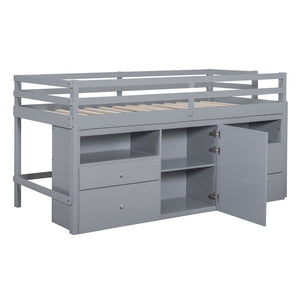English Elm Twin Loft Bed with 4 Drawers Open Shelving and Cabinet for Kids Bedroom Storage Gray LT000762AAE