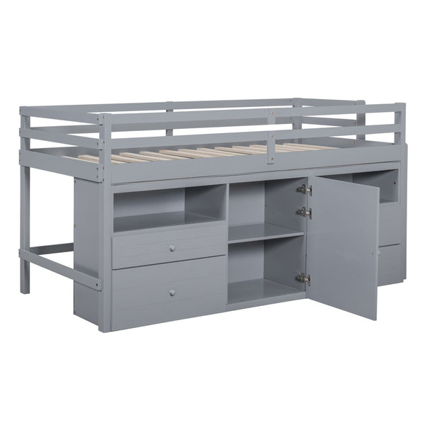 English Elm Twin Loft Bed with 4 Drawers Open Shelving and Cabinet for Kids Bedroom Storage Gray LT000762AAE