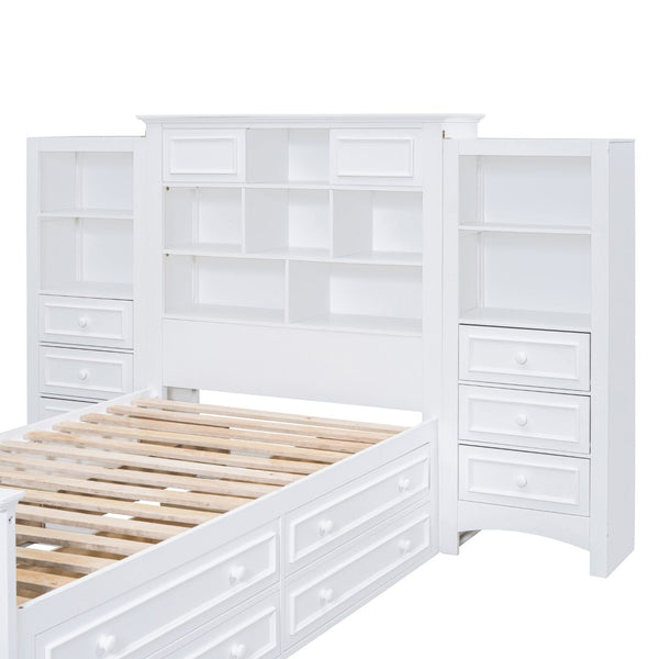 English Elm Twin Platform Bed with Vertical Storage Cabinet and 8 Under Drawer White Wood Frame LP000761AAK-2