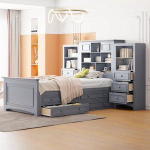 English Elm Twin Pine Wood Platform Bed with Integrated Cabinet and Spacious Drawer Storage System Gray LP000761AAE-1