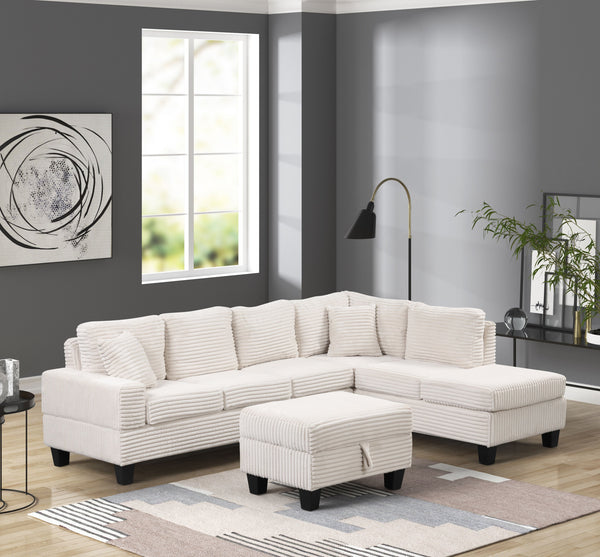 English Elm Modern Corduroy Sectional Sofa with Storage Ottoman, Drop-Down Tray, Plush Pillows, Wood Frame Elegance Cream B009S01291