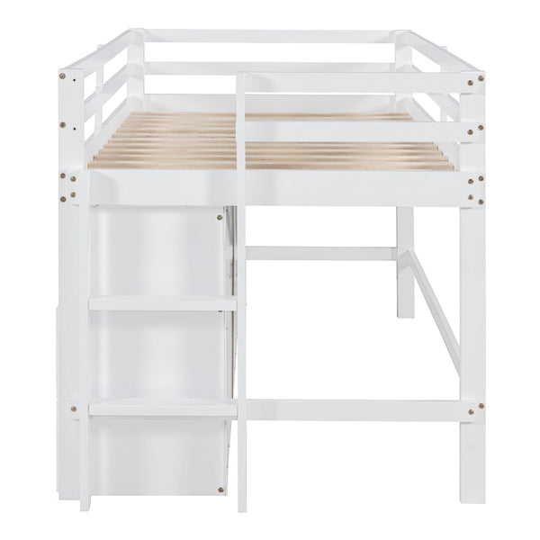 English Elm Twin Loft Bed with 4 Drawers Open Shelving and Cabinet for Kids Bedroom Storage White LT000762AAK