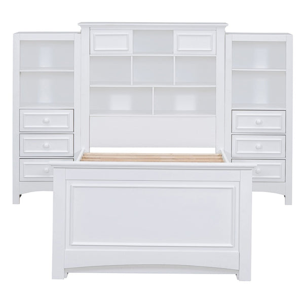English Elm Twin Platform Bed with Vertical Storage Cabinet and 8 Under Drawer White Wood Frame LP000761AAK-2